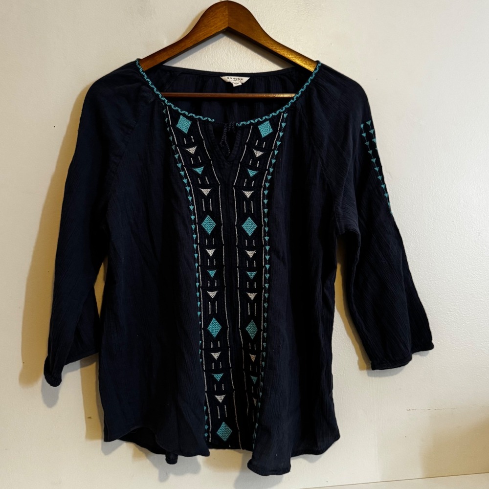 Sonoma Women's L Navy Blue Top Embroidered Boho Peasant Fall Basics 100% Cotton